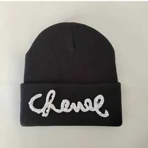 Black Knit Hat with White Script Logo